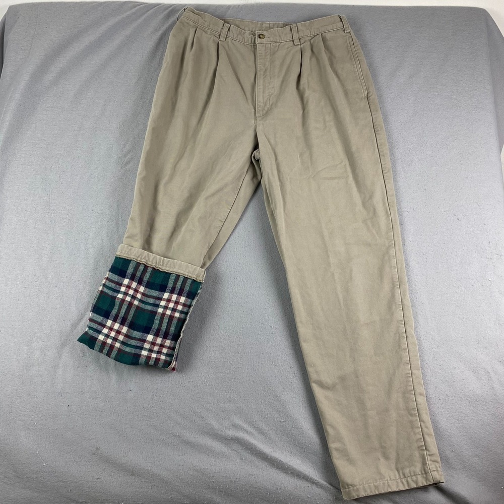LL Bean mens pants Flannel Lined Chino Pants Khaki 36x34 (34X31.5) Pleated USA